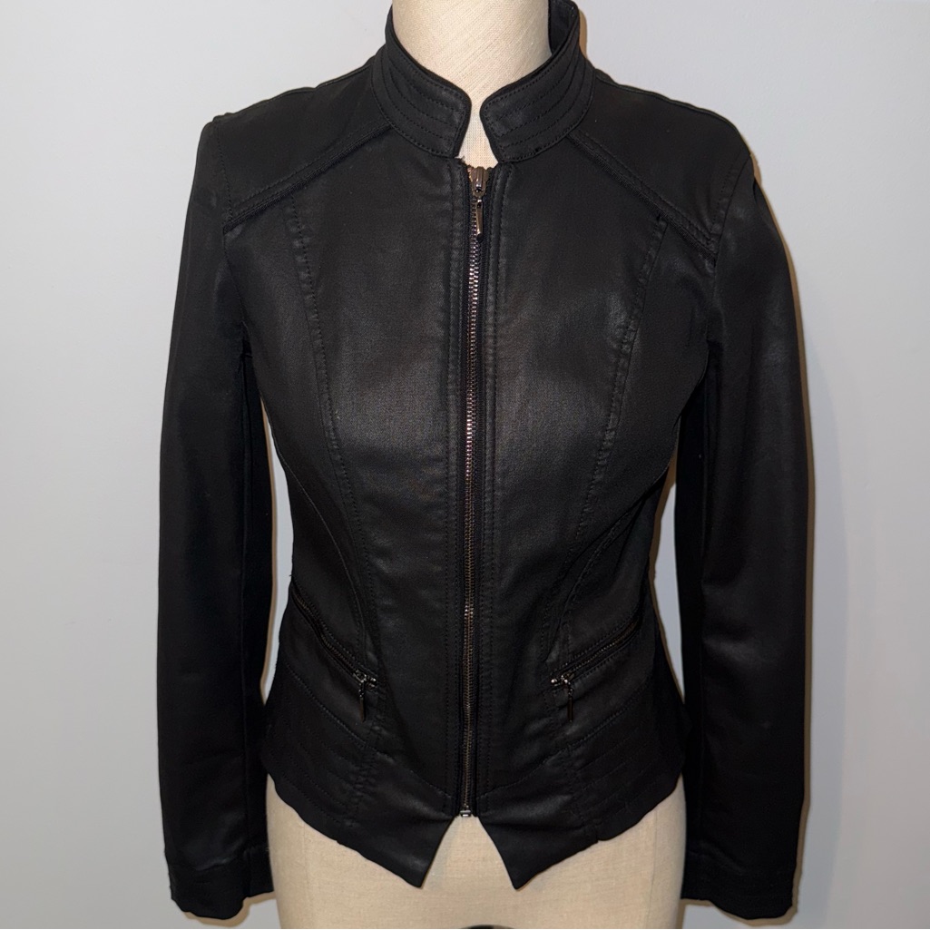 White House Black Market Whbm Black Coated Denim Moto Jacket Size 0